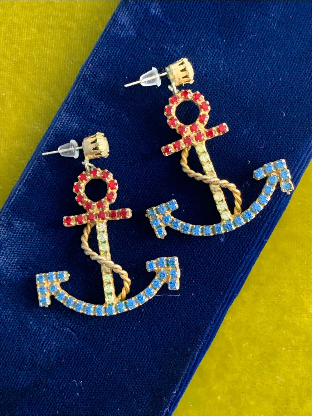 Vintage Gold Anchor Dangle Earrings with Red, Blue, and White Rhinestones